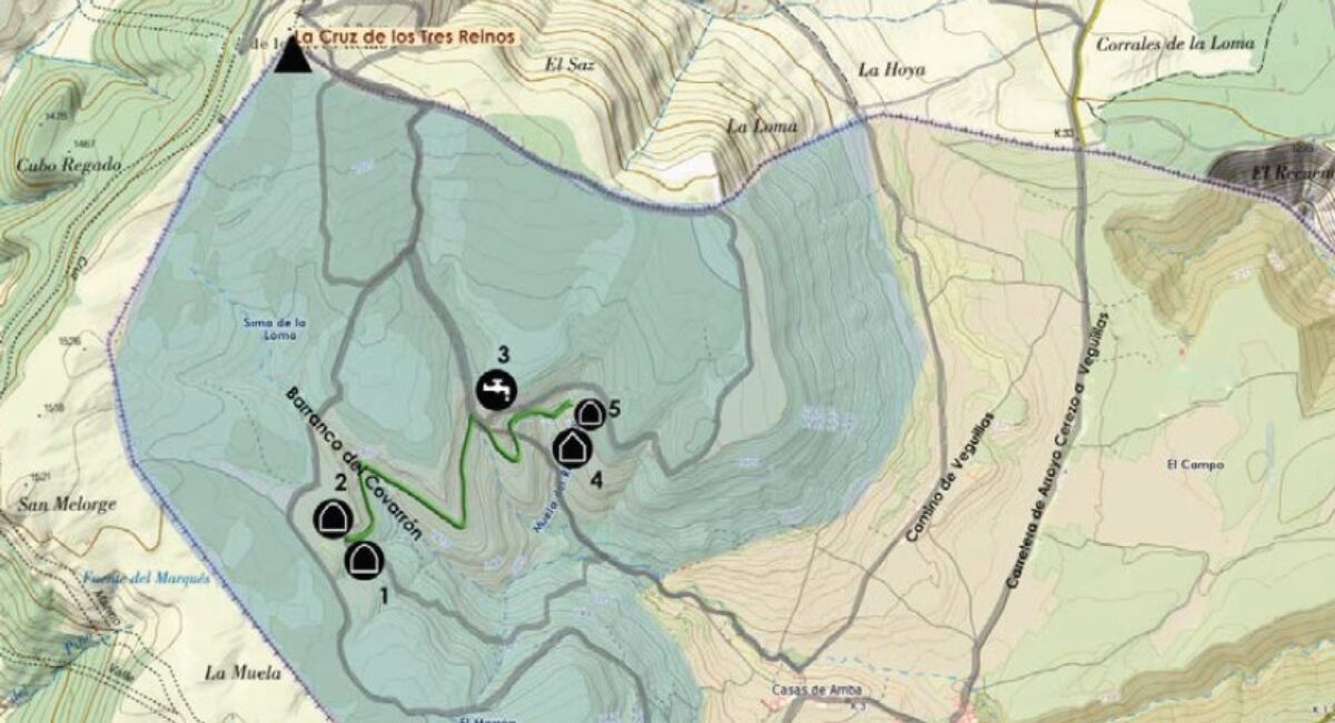 1. Cueva de la Fuente de la Plata. 2. Abrigo. 3. Fuente del Abrevador. 4. Barraca del abrevador. 5. Cueva del nacimiento. 1. Cueva de la Fuente de la Plata. 2. Abrigo. 3. Fuente del Abrevador. 4. Barraca del abrevador. 5. Cueva del nacimiento.